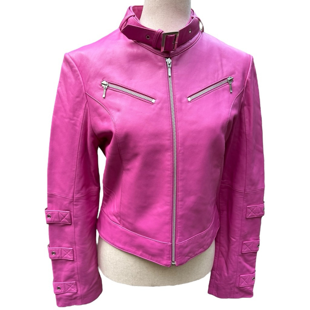 Fuchsia Pink Leather Moto Jacket São Paulo Size 6 – Cropped Buckle Sleeve Biker - Picture 1 of 15